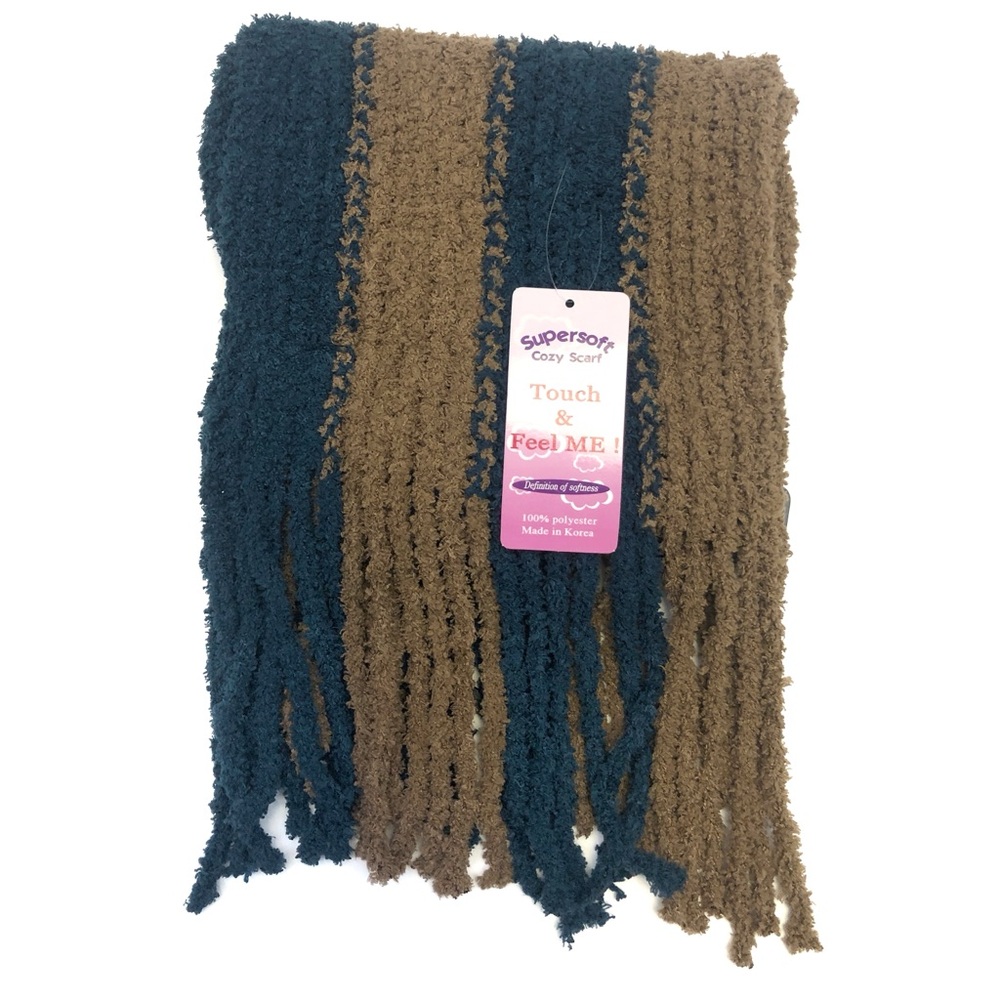 Supersoft Cozy Chenille Knit Winter Scarf - Dark Teal Tan Brown Striped